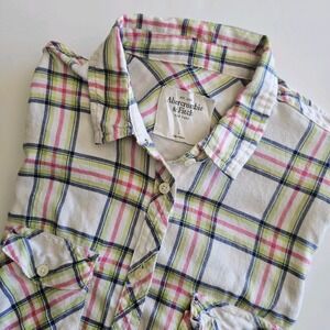 Abercrombie Fitch Size Large White Pink Plaid Flannel Shirt Womens Button Up Top